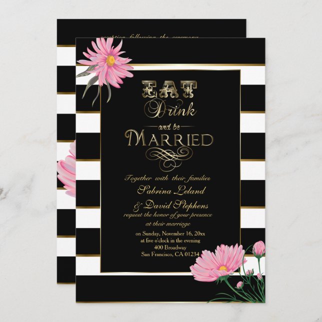 Wedding Pink Chrysanthemum Black White Stripes Invitation (Front/Back)