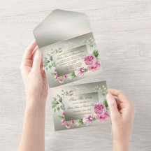 Wedding Pink Floral Frame Watercolor Shiny Bronze