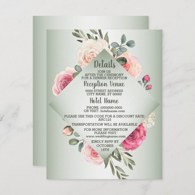 Wedding Pink Peach Floral Rustic Green Detail Enclosure Card (Front/Back)
