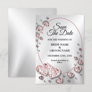 Wedding Pink Peach Shiny Hearts Geometric Save The Date