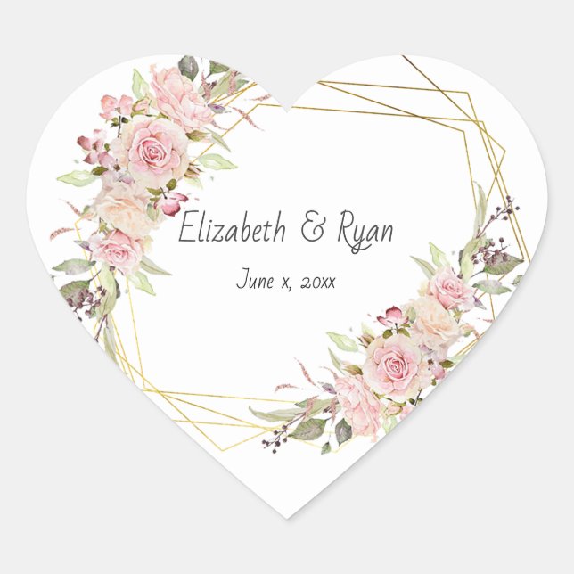 Wedding Pink Roses Gold Geometric Custom Heart Sticker (Front)
