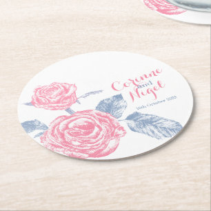 Wedding pink roses ink drawing paper coasters