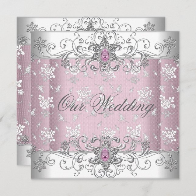Wedding Pink Silver White Diamond Jewel Lace Invitation (Front/Back)