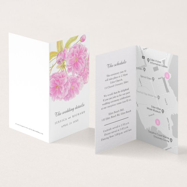 Wedding pink tree blossom event schedule and map (Inside and Outside)