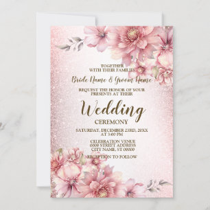 Wedding Pink Watercolor Flowers Shiny Glitter Invitation