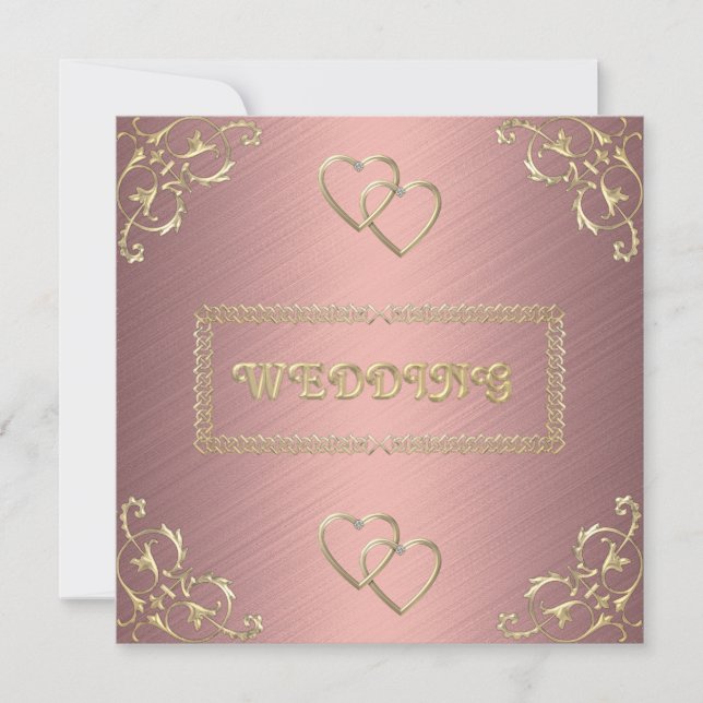 Wedding Pink with Gold Hearts Invitation (Front)