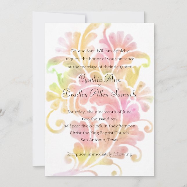 Wedding Pink Yellow Watercolor Plume Invitation (Front)