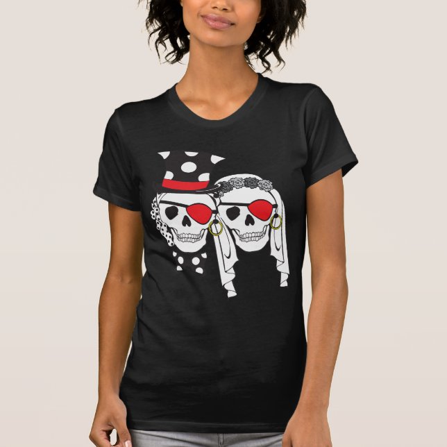 Wedding Pirate Skulls Black on Dark T-Shirt (Front)