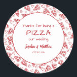 Wedding Pizza After Party Red Italian Hand Drawn Classic Round Sticker<br><div class="desc">Say thanks with a slice of charm! These funny wedding favour stickers feature a hand-drawn border of red pizza slices and hearts, with the playful pun “Thanks for being a PIZZA our wedding.” Perfect for sealing favour bags, pizza boxes, or DIY gifts at a casual or foodie-inspired wedding. Customise with...</div>