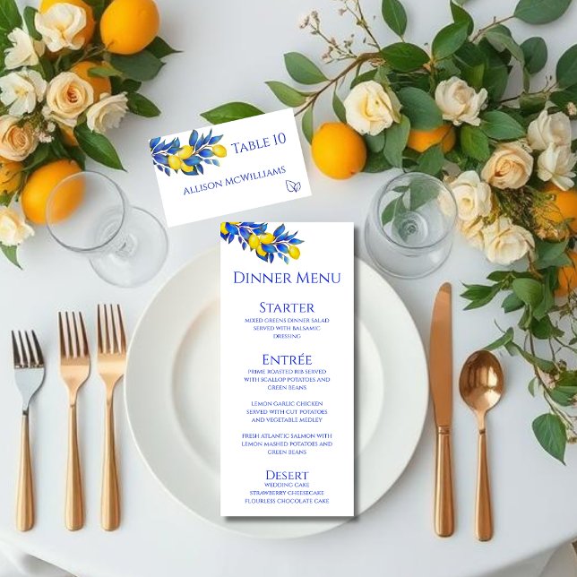 Wedding Place card-Mediterranean-Vegetarian Table Number (Lemons-Wedding Place card-Mediterranean with meal icons)