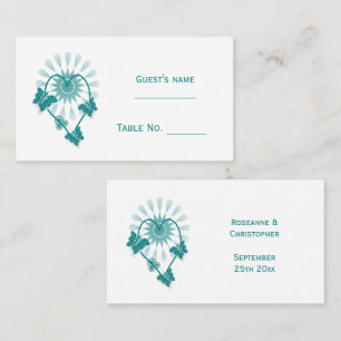 Wedding Place Card Teal Butterflies Heart
