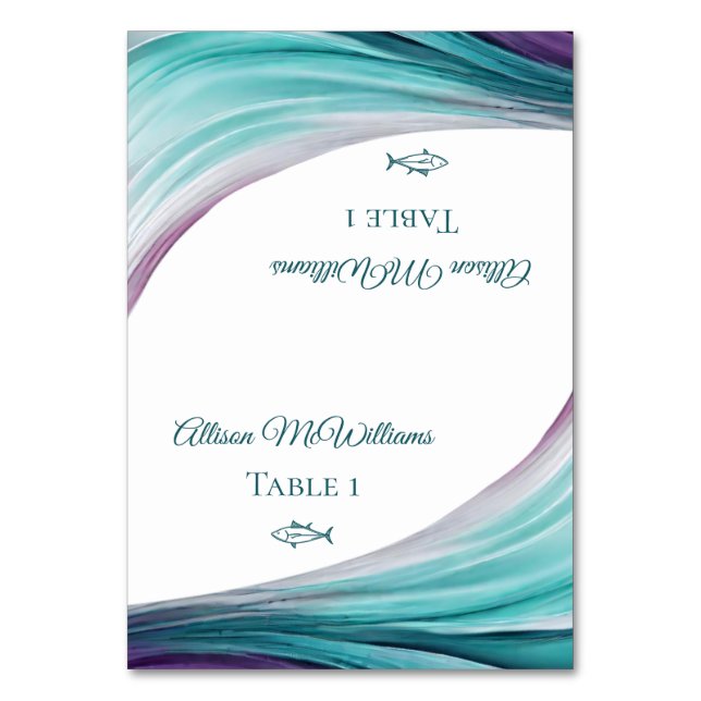Wedding Place cards-Fish Icon-Purple and Teal- Table Number (Front)