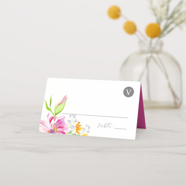 Wedding Place Cards Monogram Pink Flowers (Front)