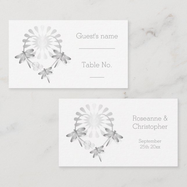 Wedding Place Setting Card Silver Dragonflies (Front/Back)