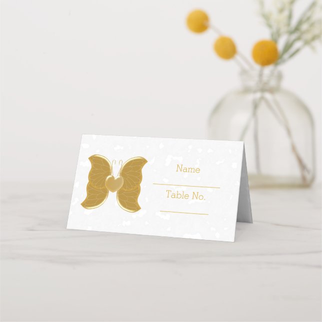 Wedding Place Setting Gold Butterfly Heart Design Place Card (Front)