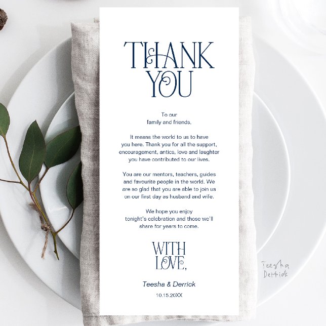 Wedding Place Setting Thank You Navy Blue Card (Modern Minimalist Wedding Dinner Place Setting Thank You Navy Blue Card)