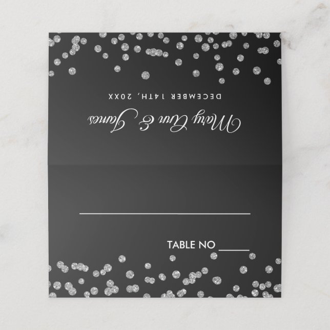 Wedding Placecards Silver Glitter Confetti Black (Outside Unfolded)