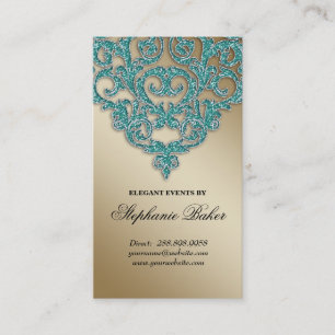 Wedding Planner Jewellery Damask Gold Sparkle Teal Business Card