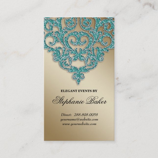 Wedding Planner Jewellery Damask Gold Sparkle Teal Business Card (Front)