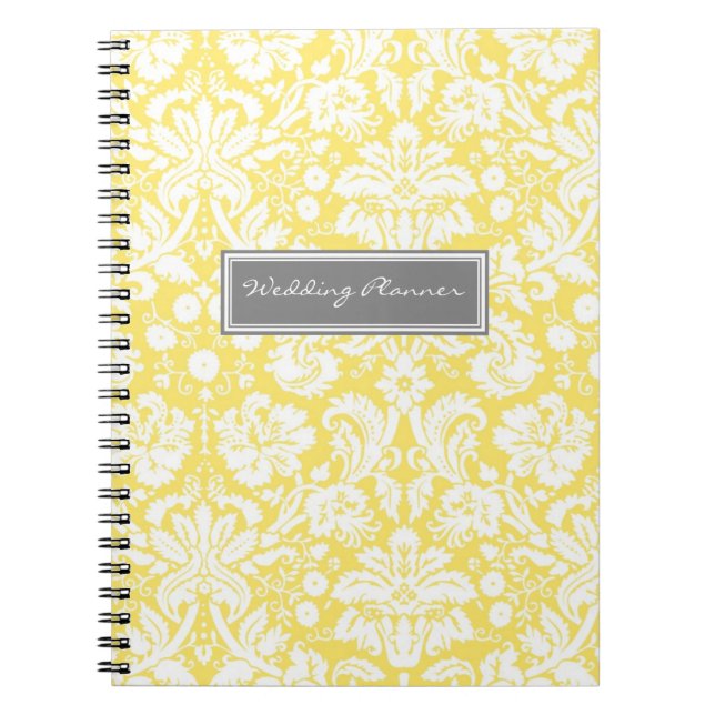 Wedding Planner Lemon Grey White Damask Notebook (Front)
