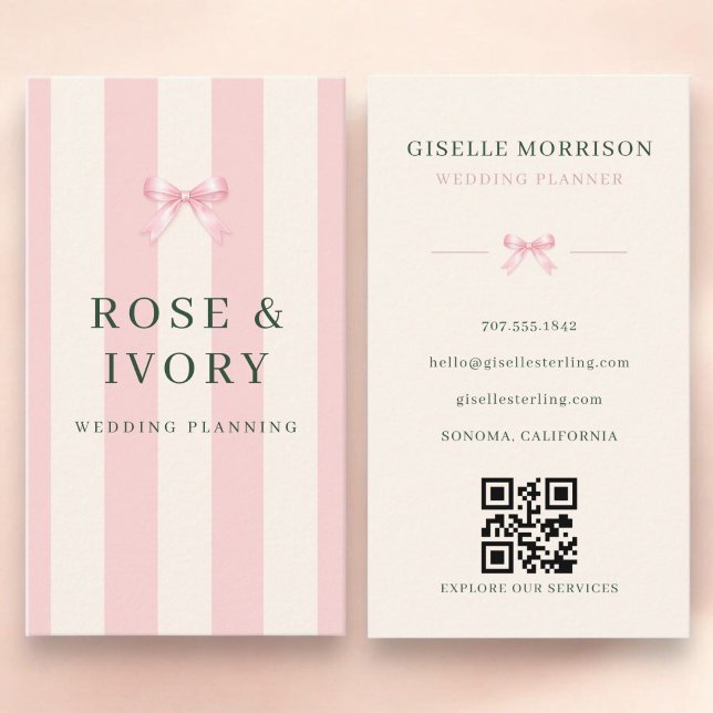 Wedding Planner Pink Green Striped Bow QR Code Business Card (Creator Uploaded)