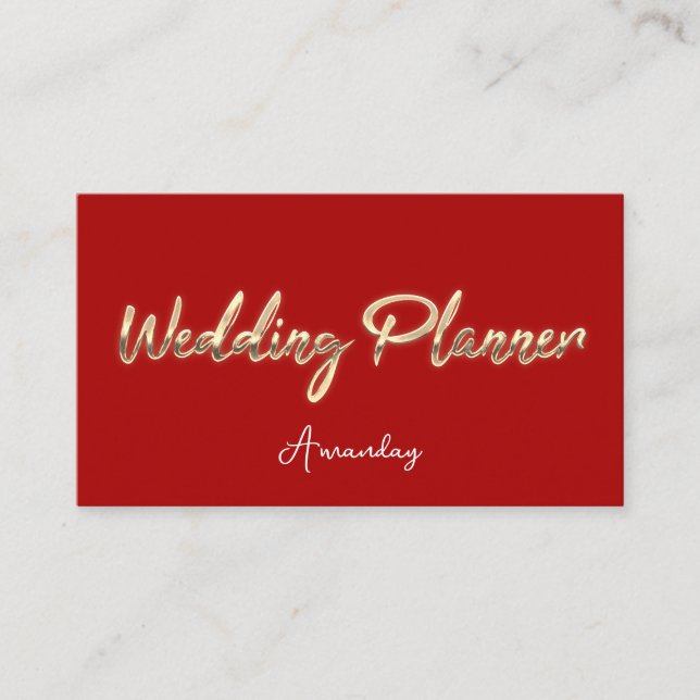 Wedding Planner Script Gold QR Code Logo Red Business Card (Front)