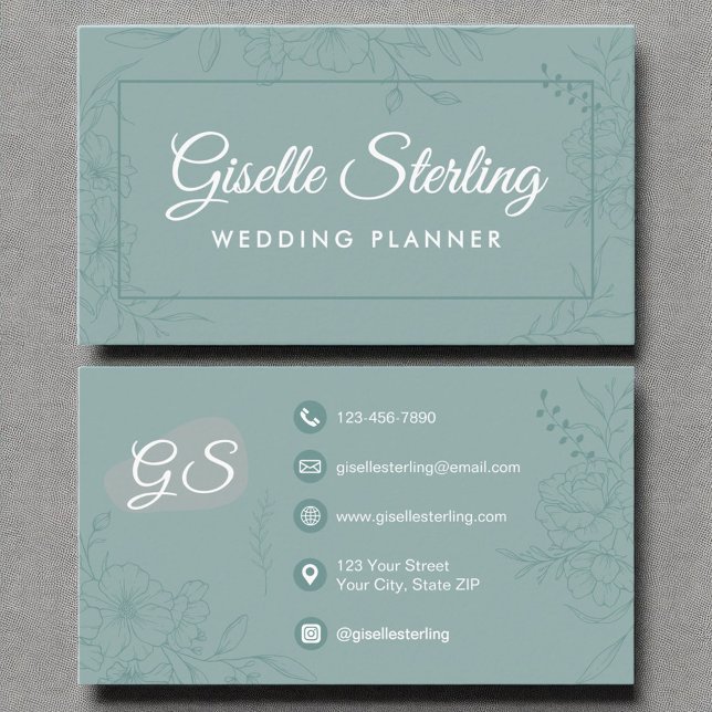 Wedding Planner Teal Floral Line Art Script Business Card (Creator Uploaded)