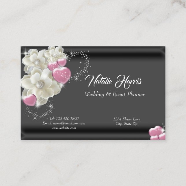 Wedding Planner White Roses Pink Hearts Sparkle Business Card (Front)