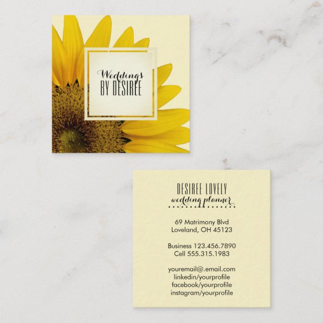 Wedding Planner | Yellow Sunflower Floral Square Business Card (Front/Back)