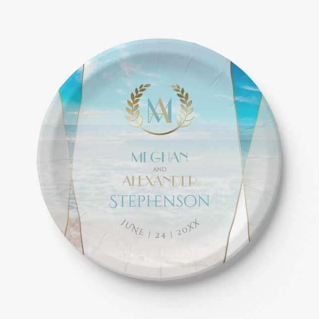 Wedding Plates |  Modern Monogram Geometric Beach (Front)