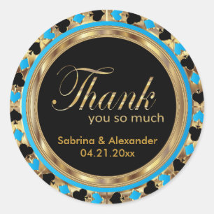 Wedding Poker Chip in Blue & Gold Thank You Classic Round Sticker