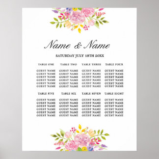 Wedding Poster 8 Seating Pink Floral Flowers Sign