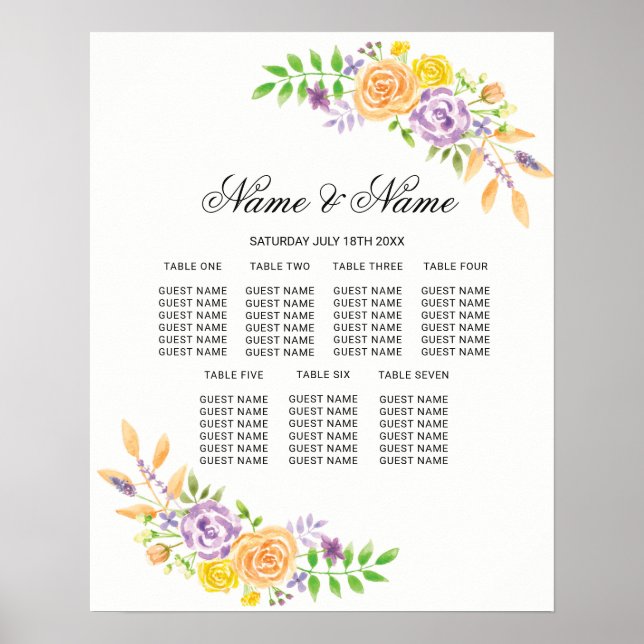 Wedding Poster Seating Purple Floral Flowers Sign (Front)