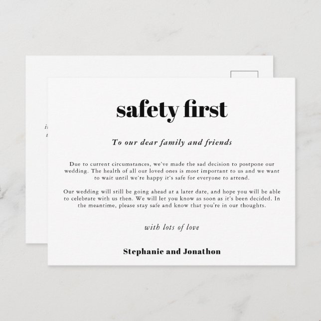Wedding Postpone Safety First COVID Script White Announcement Postcard (Front/Back)