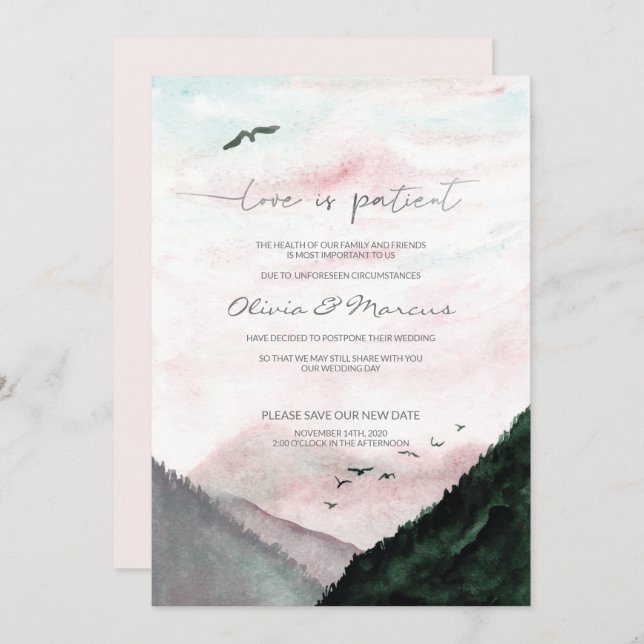 WEDDING Postponed Announcement Watercolor Mountain (Front/Back)