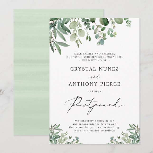 Wedding Postponed Change of Date Eucalyptus Leaves Invitation (Front/Back)