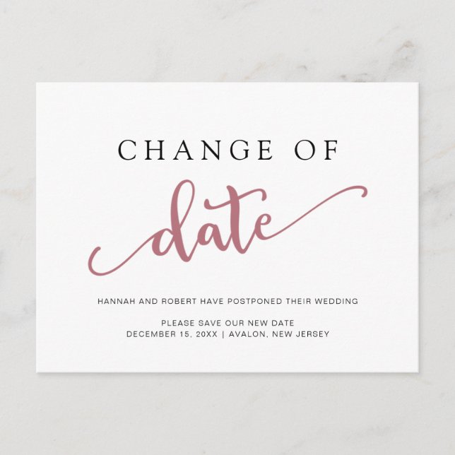 Wedding Postponement Change of Date Rose Black Announcement Postcard (Front)