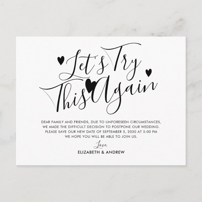 Wedding Postponement Change of Date Try This Again Announcement Postcard (Front)