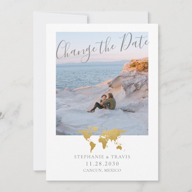 Wedding Postponement Gold World Map Photo Announcement (Front)