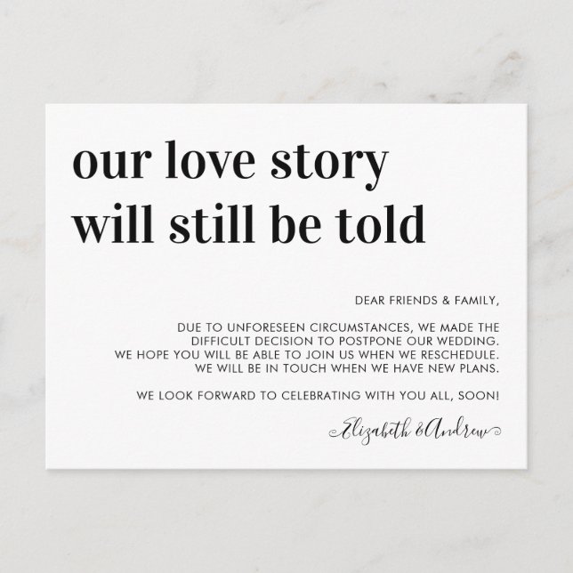 Wedding Postponement Love Story Will Still Be Told Announcement Postcard (Front)