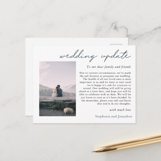 Wedding Postponement Photo Update Modern Script Announcement Postcard (Front/Back In Situ)
