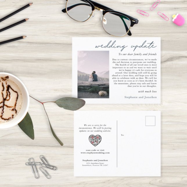Wedding Postponement Photo Update QR Code Script Announcement Postcard (Creator Uploaded)
