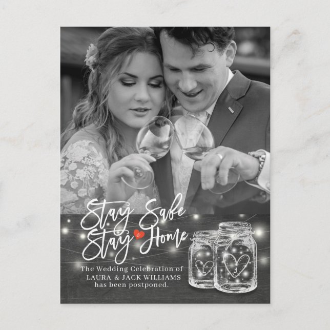Wedding Postponement Stay Home and Stay Safe Photo Announcement Postcard (Front)
