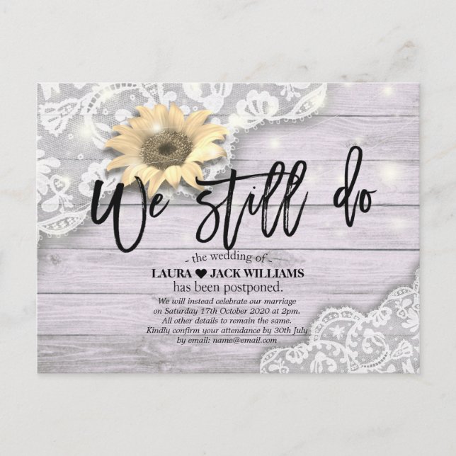 Wedding Postponement We Still Do Lace Sunflowers Announcement Postcard (Front)