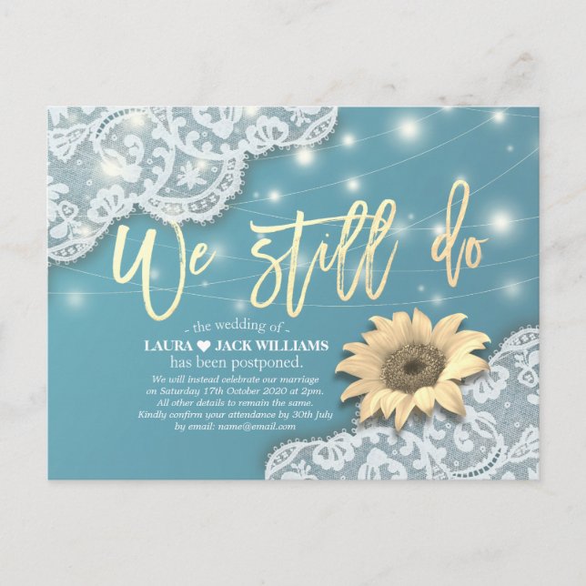 Wedding Postponement We Still Do Lace Sunflowers Announcement Postcard (Front)