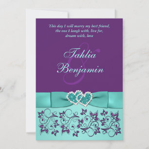 Wedding   PRINTED BOW Aqua, Purple   Floral Invitation