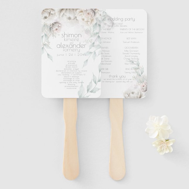 Wedding Program | Alabaster Watercolor Peonies Hand Fan (Front and Back)