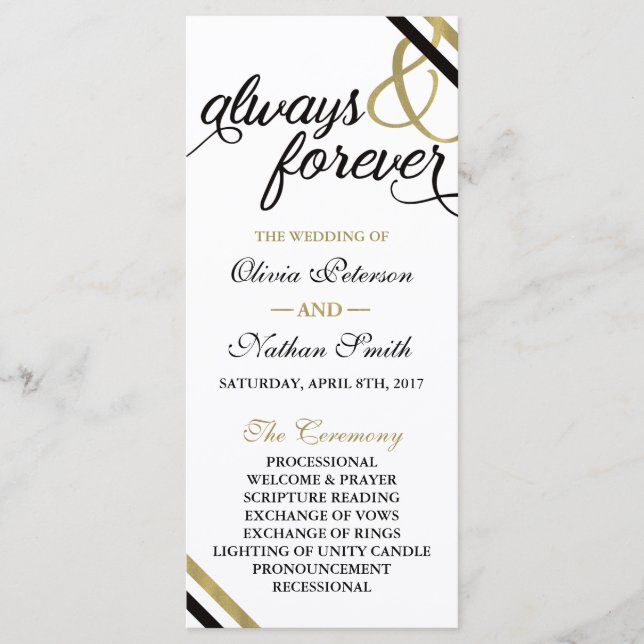 Wedding Program, Always & Forever, Faux Gold Program (Front)