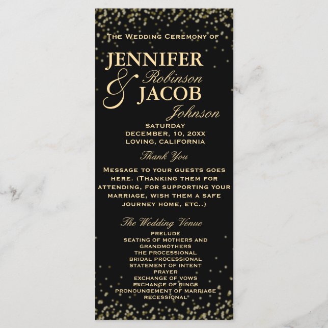 Wedding Program | Black and Gold Confetti (Front)