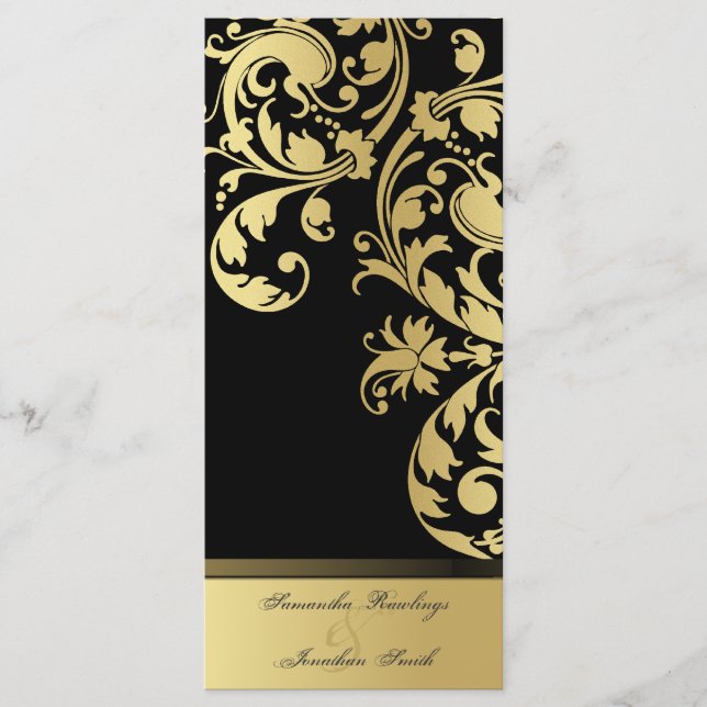 Wedding Program - Black & Gold Shimmer Floral (Front)